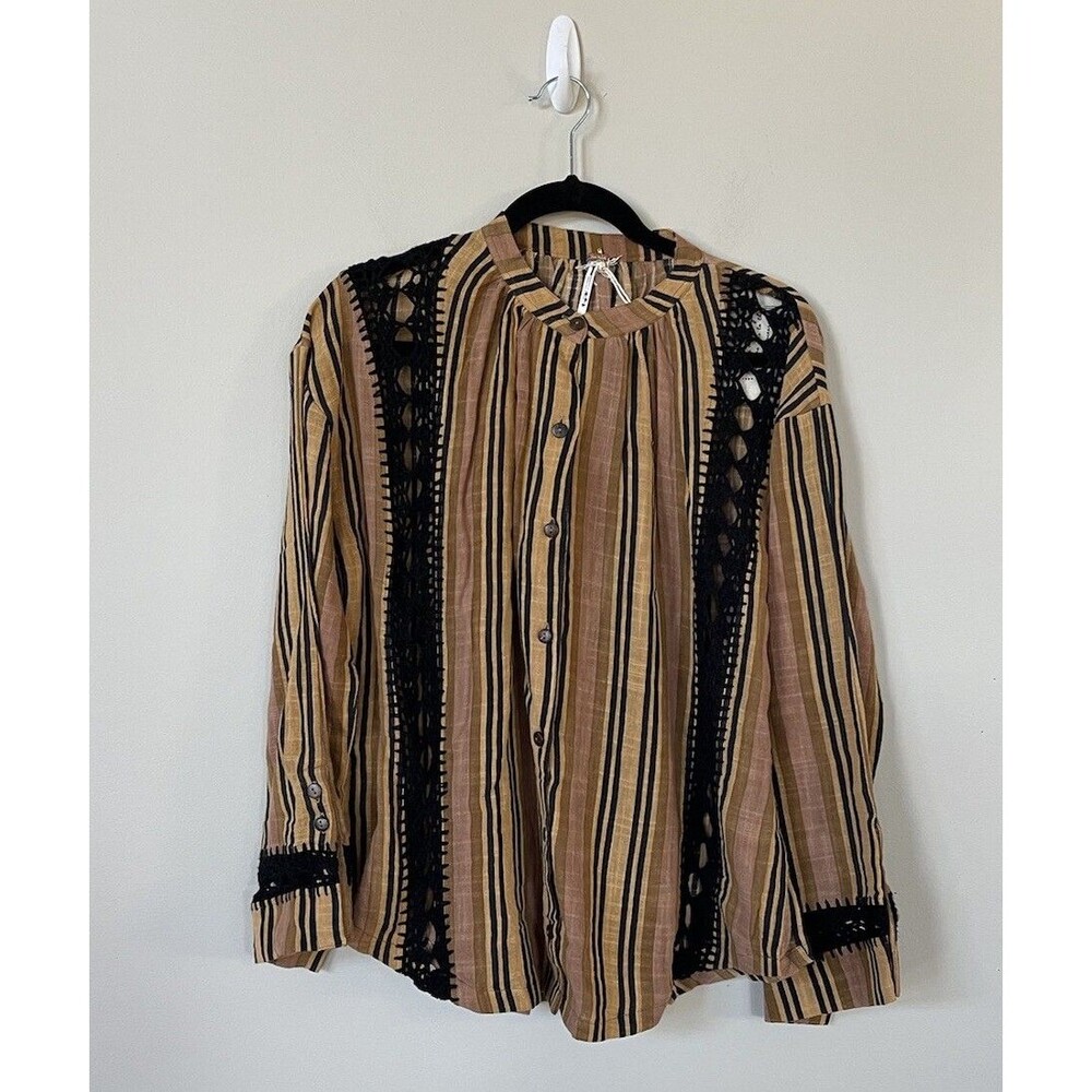 Free People Shirt Button Up Castaway Crochet Brown Striped Preppy Boho Sz XS NWT